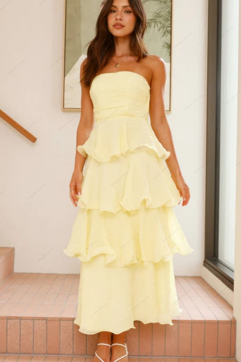 Sexy chique strapless rugloze gelaagde midi-jurk