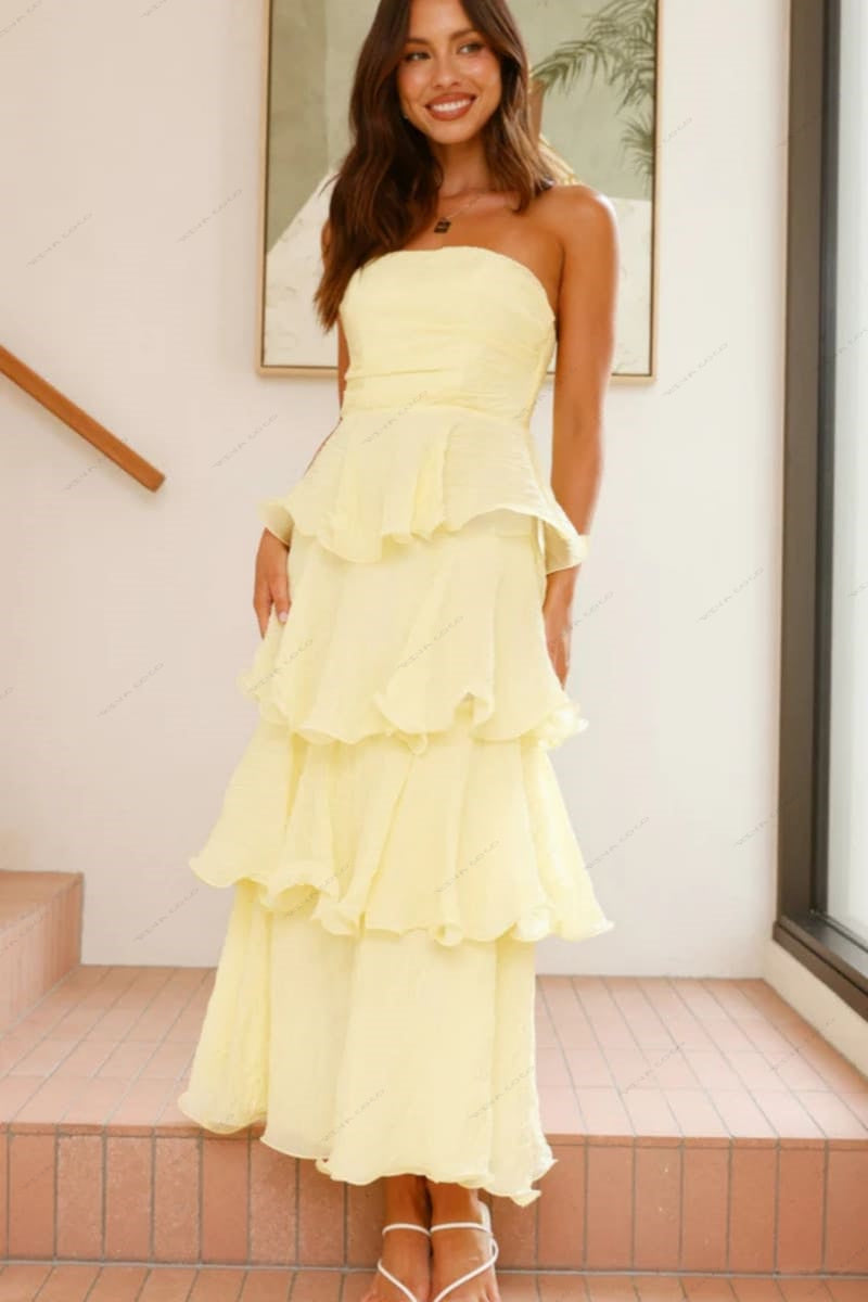 Sexy chique strapless rugloze gelaagde midi-jurk