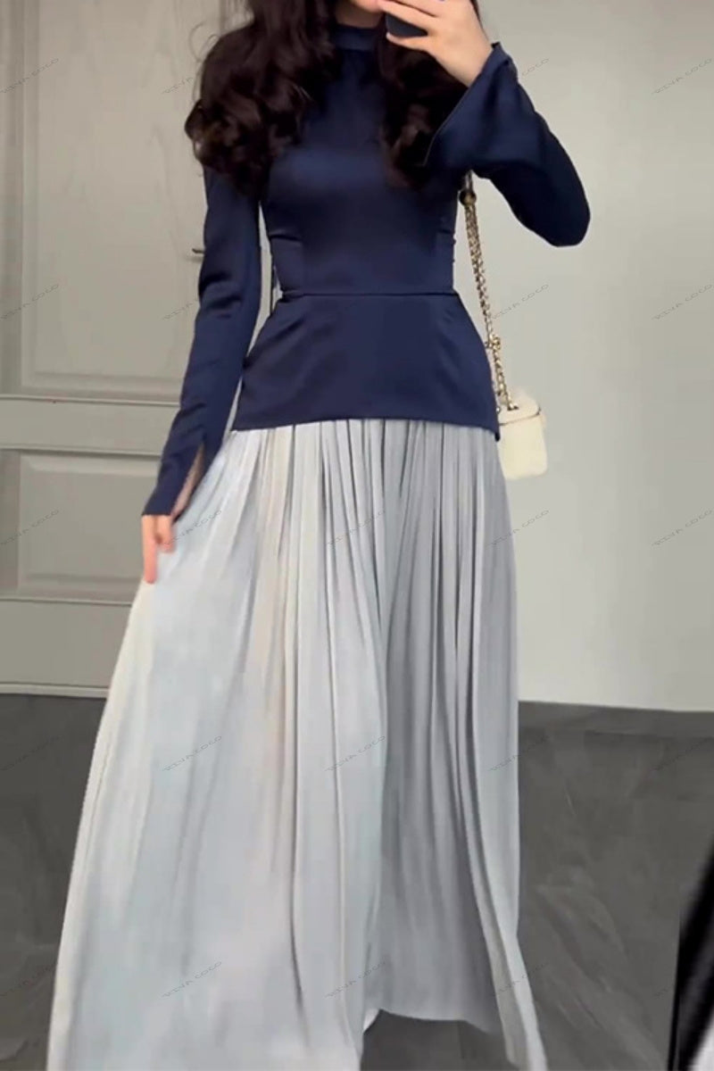Kleurblok Samenvoeging Slim Fit Vetersluiting Lange Mouw Maxi Jurk