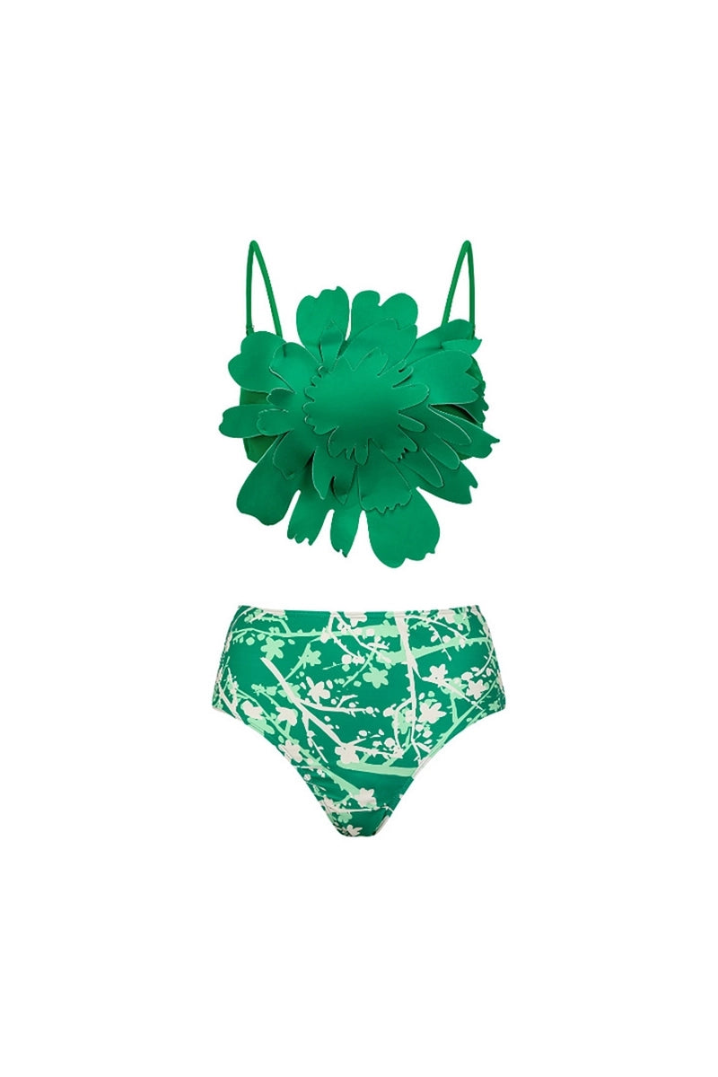 Floral Accent Green Printed Bikini Set