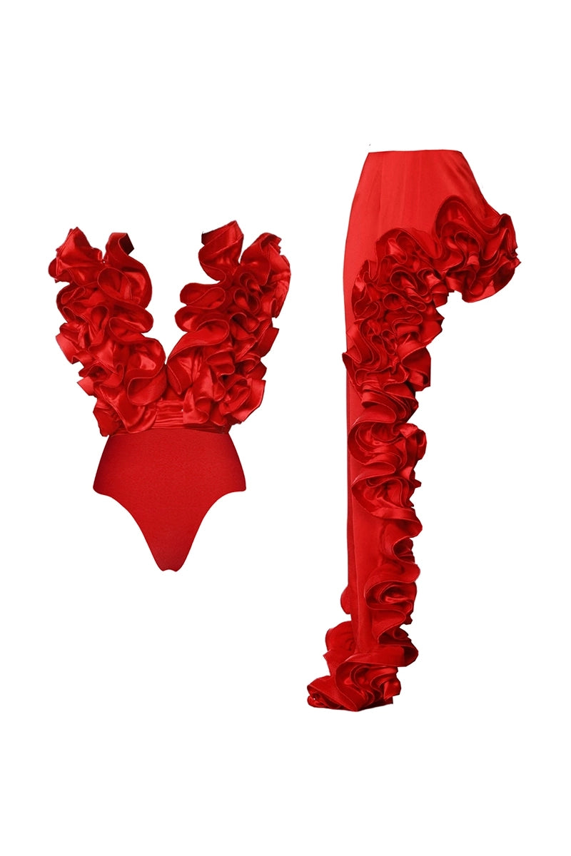 Ruffled V-Neck Red Asymmetrical Swimsuit Set