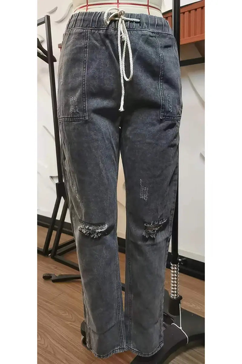 Autumn Drawstring Waist Distressed Denim Pants