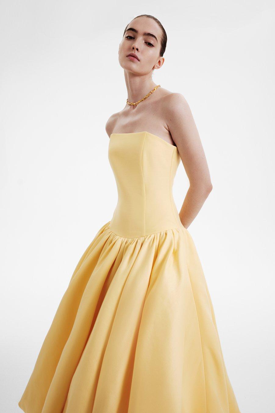 Sunlit Yellow Strapless Balloon Midi Dress