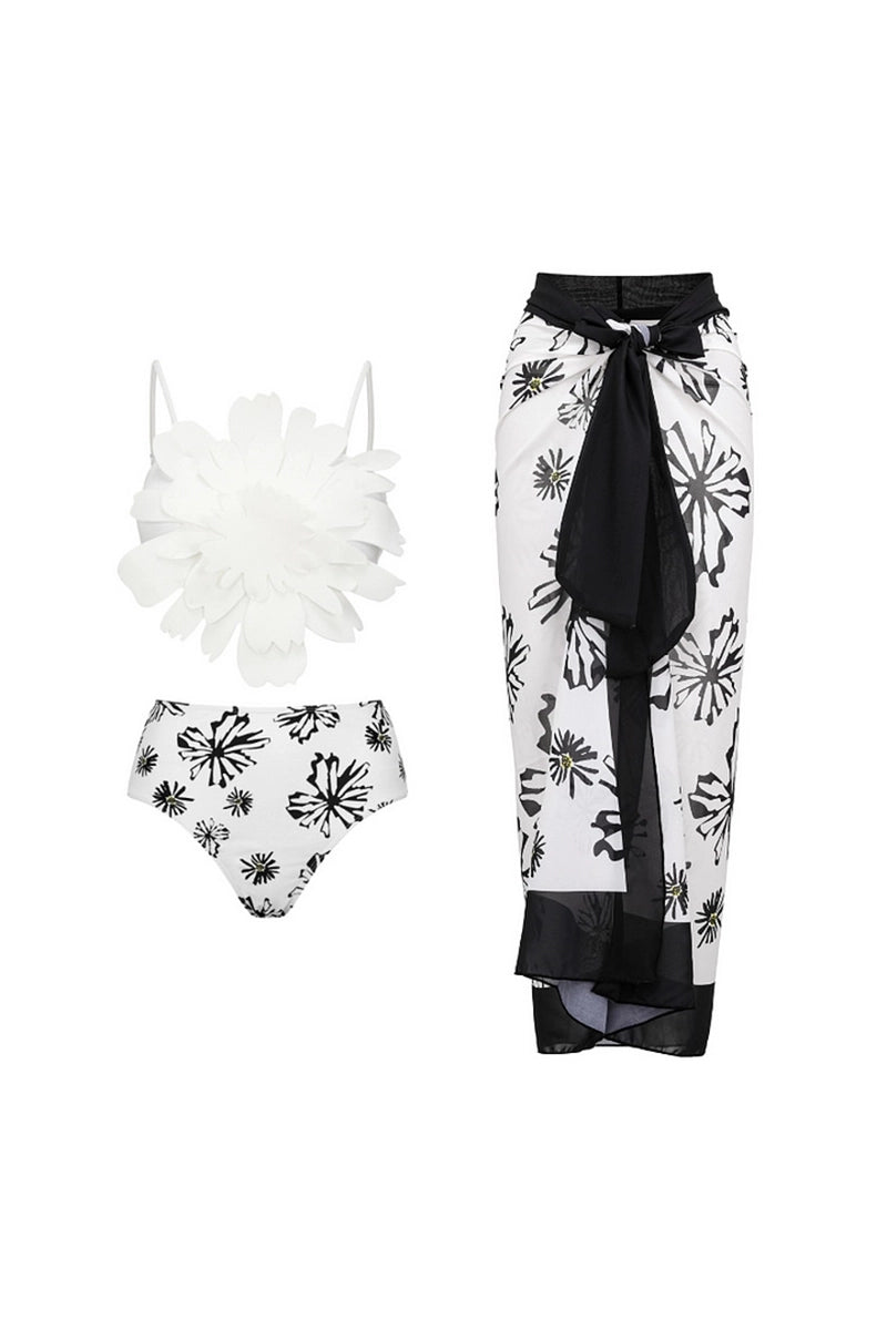 Floral Trim White Printed Bikini Set
