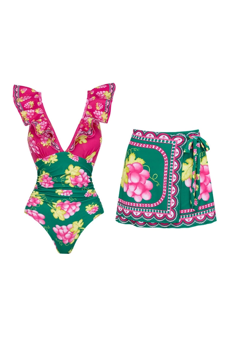 Ruffled Ruched One-Piece Short skirt Set