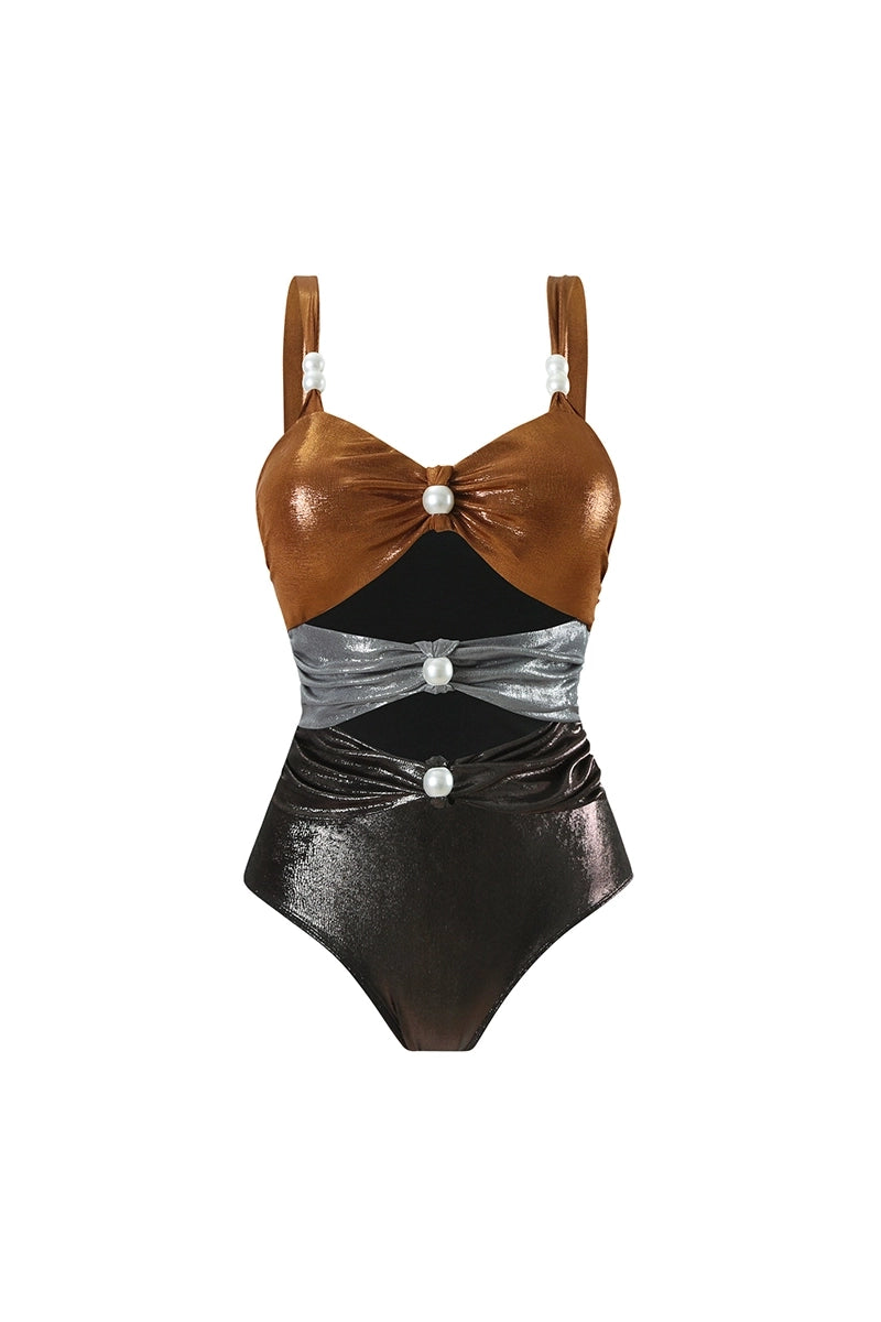 Pearl Cutout Swimsuit with Wrap Skirt Set