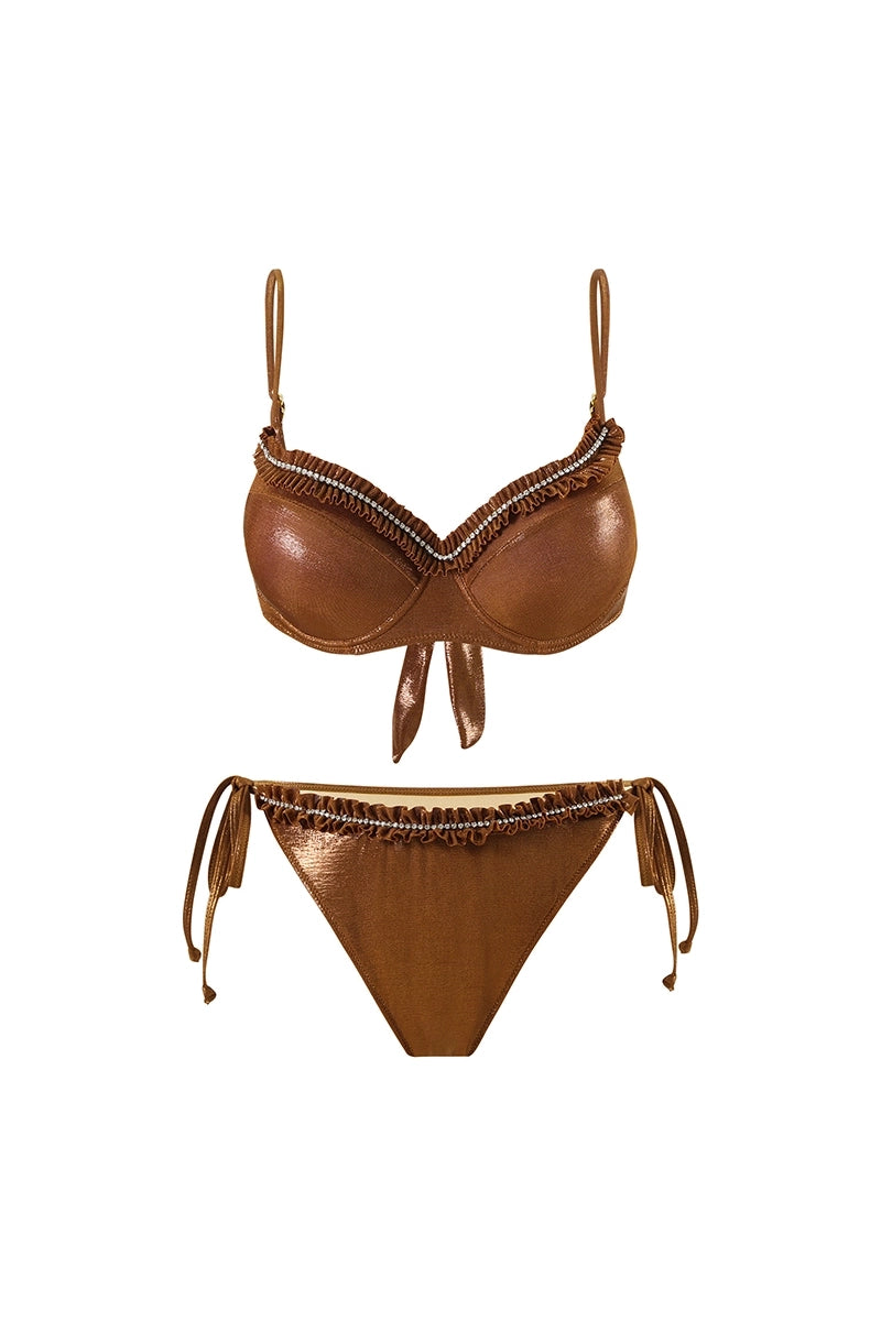 Gerimpelde strik bruine glanzende bikini set