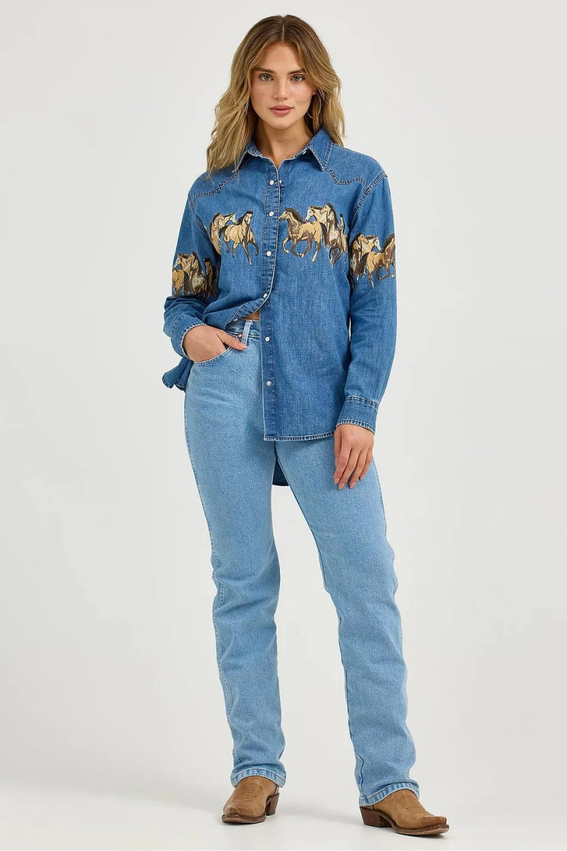 Relaxte pasvorm spijkerblouse met lange mouwen en drukknopen