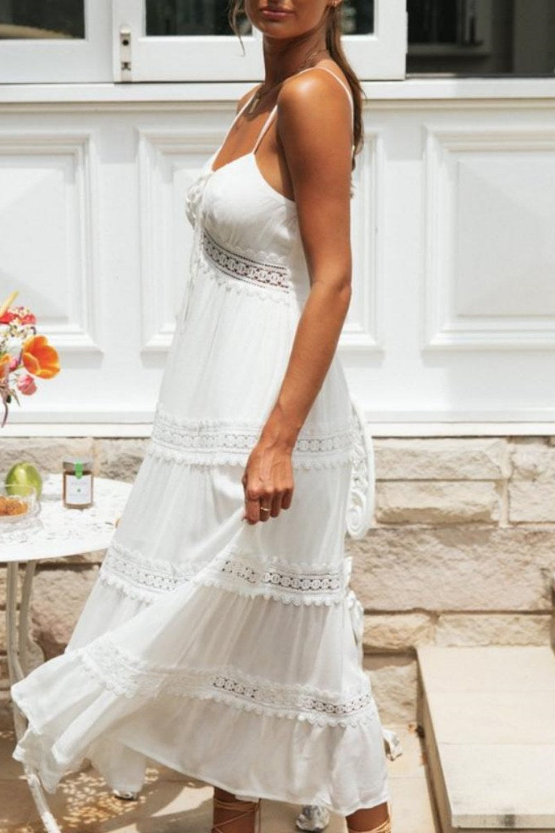 SOLID COLOR LACE SUSPENDER MIDI DRESS