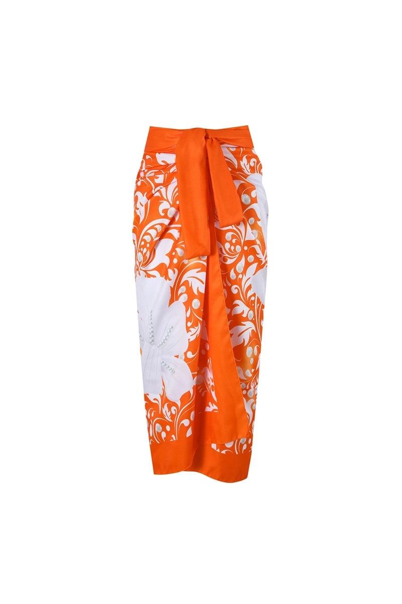 Orange Swimsuit Set Pearl Flower Detail