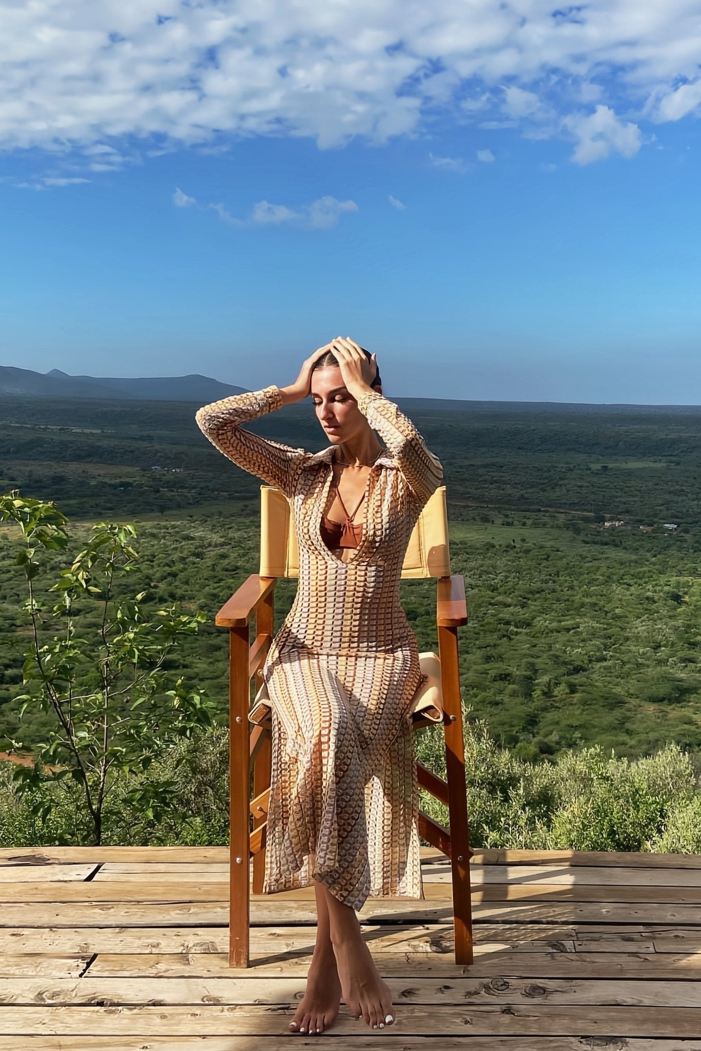 BOHO COLLARED V NECK SPLIT WAVY STRIPED CROCHET BEACH VACATION MAXI DRESS - BROWN
