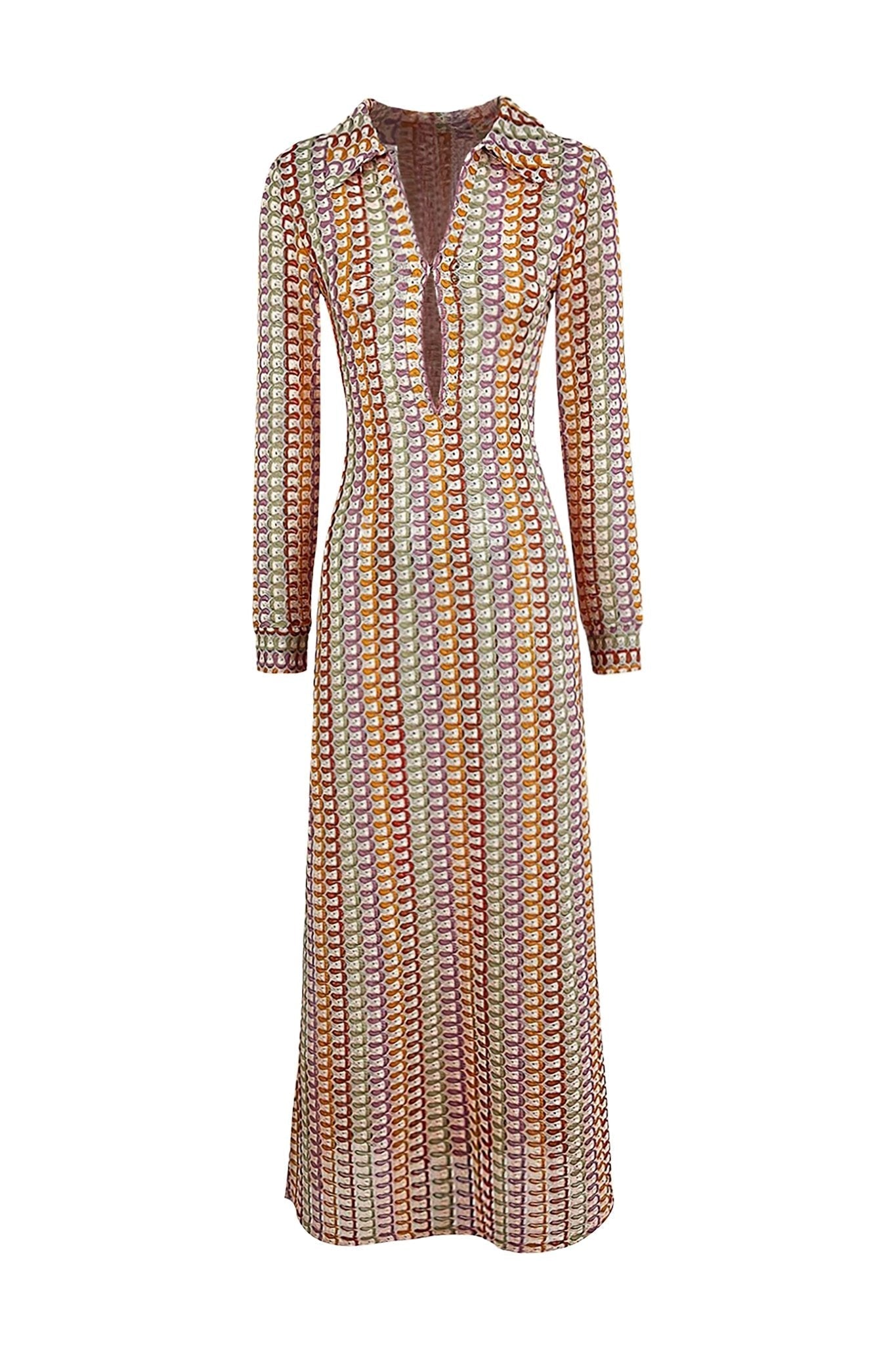 BOHO COLLARED V NECK SPLIT WAVY STRIPED CROCHET BEACH VACATION MAXI DRESS - BROWN
