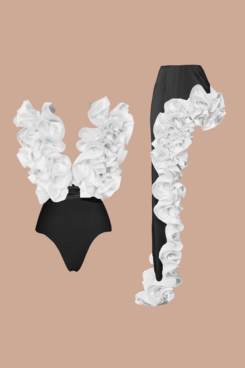 Ruffled V-Neck Mixed Colors Swimsuit Set
