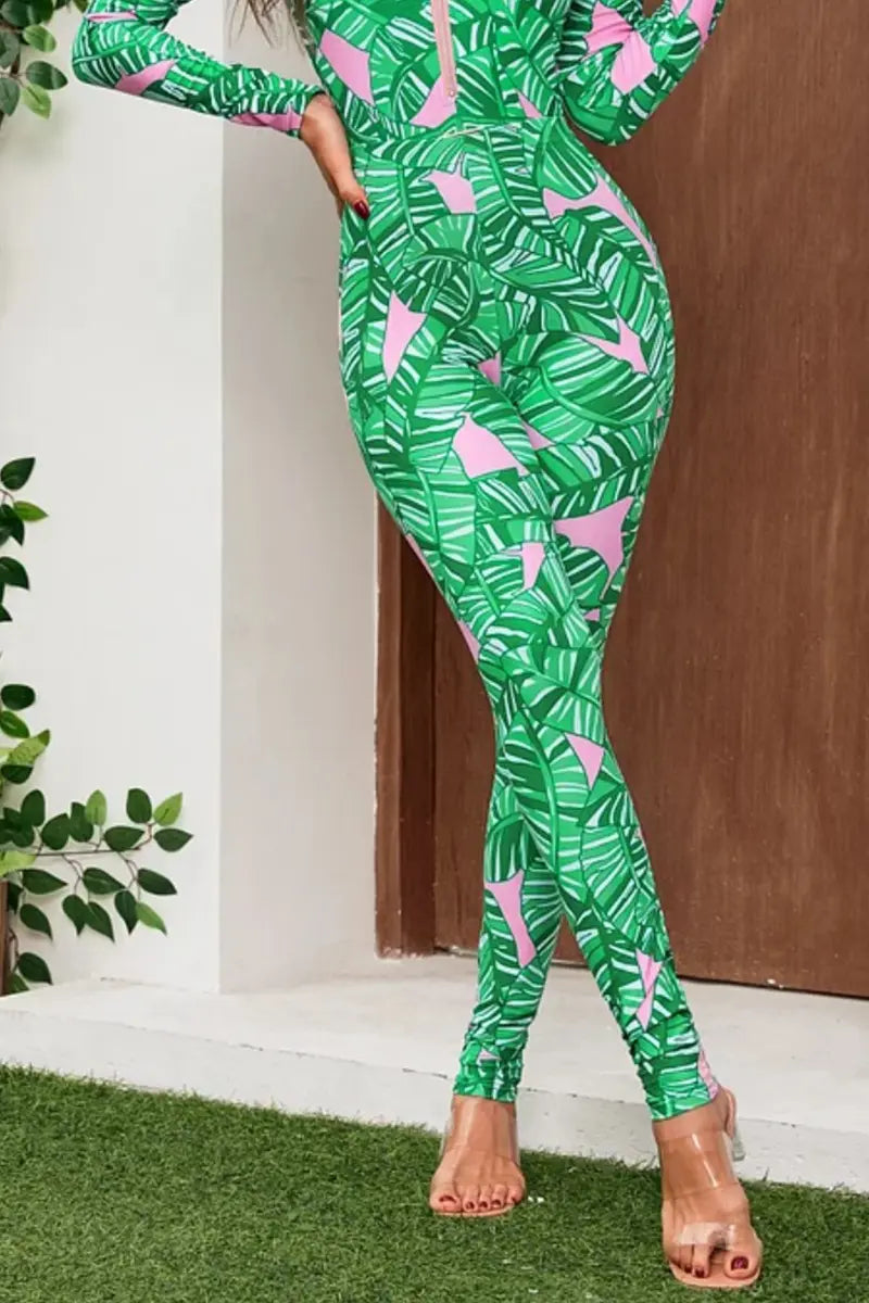 Groen Zip Lange Mouw Bedrukt Surf Badpak Set