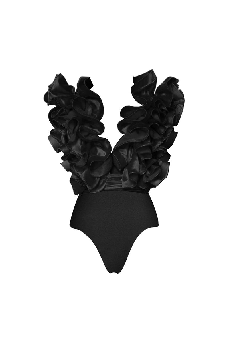 Ruffle V-hals Zwarte Badpak