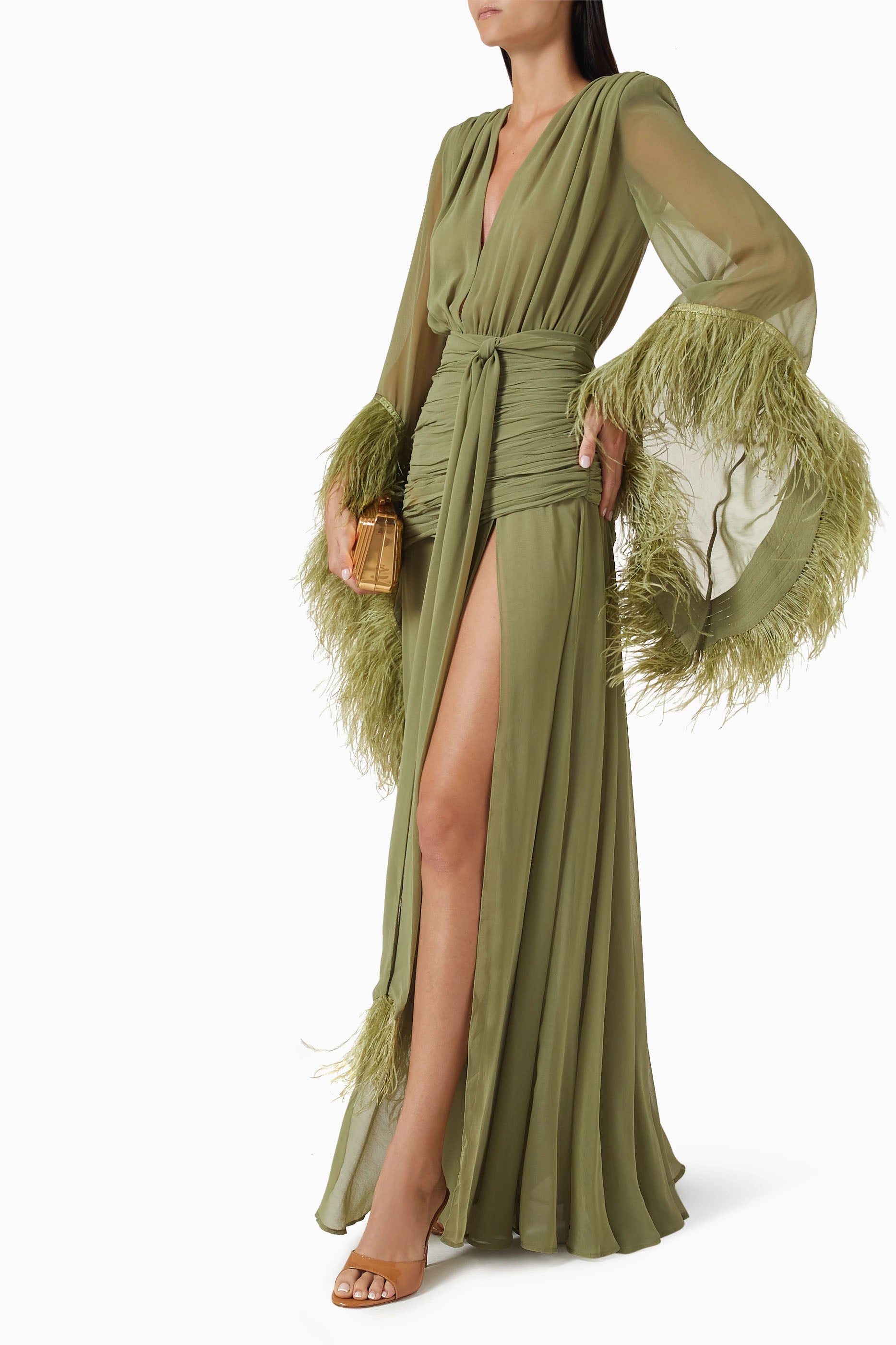 Maxikleid aus Chiffon mit Federbesatz am Ärmelabschluss