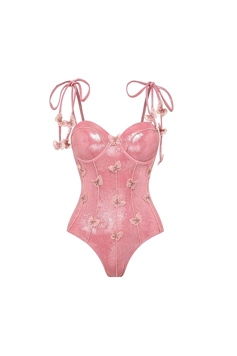 Rosa glansig baddräkt med 3D-fjäril