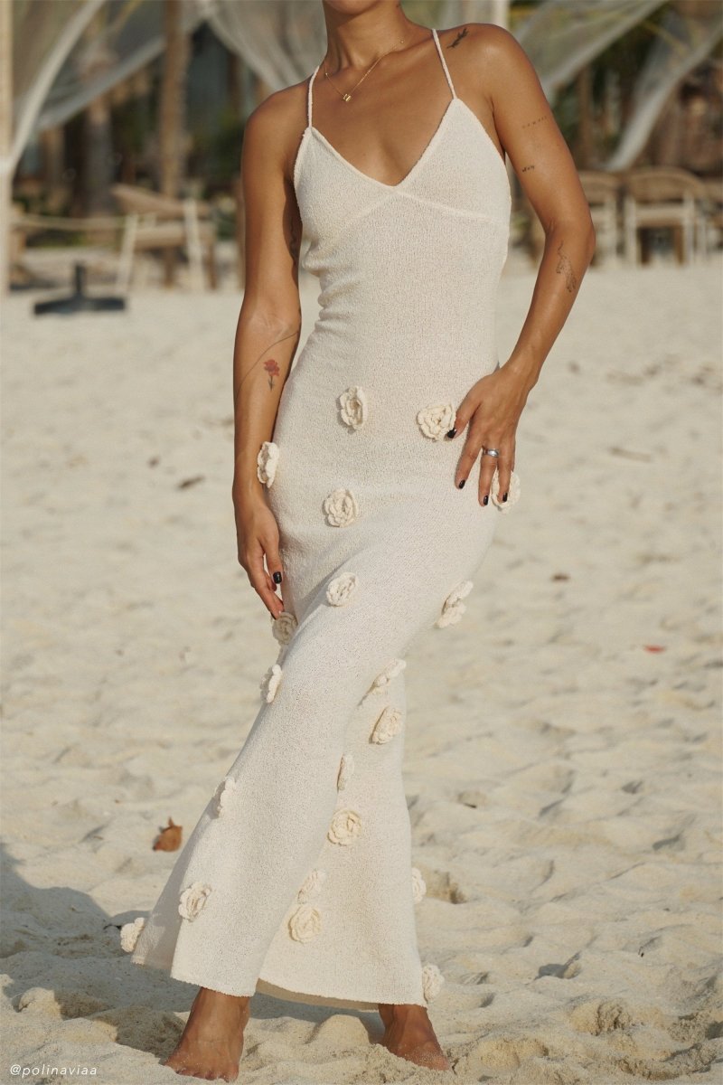 Crochet Maxi Dress With Flowers - Nude