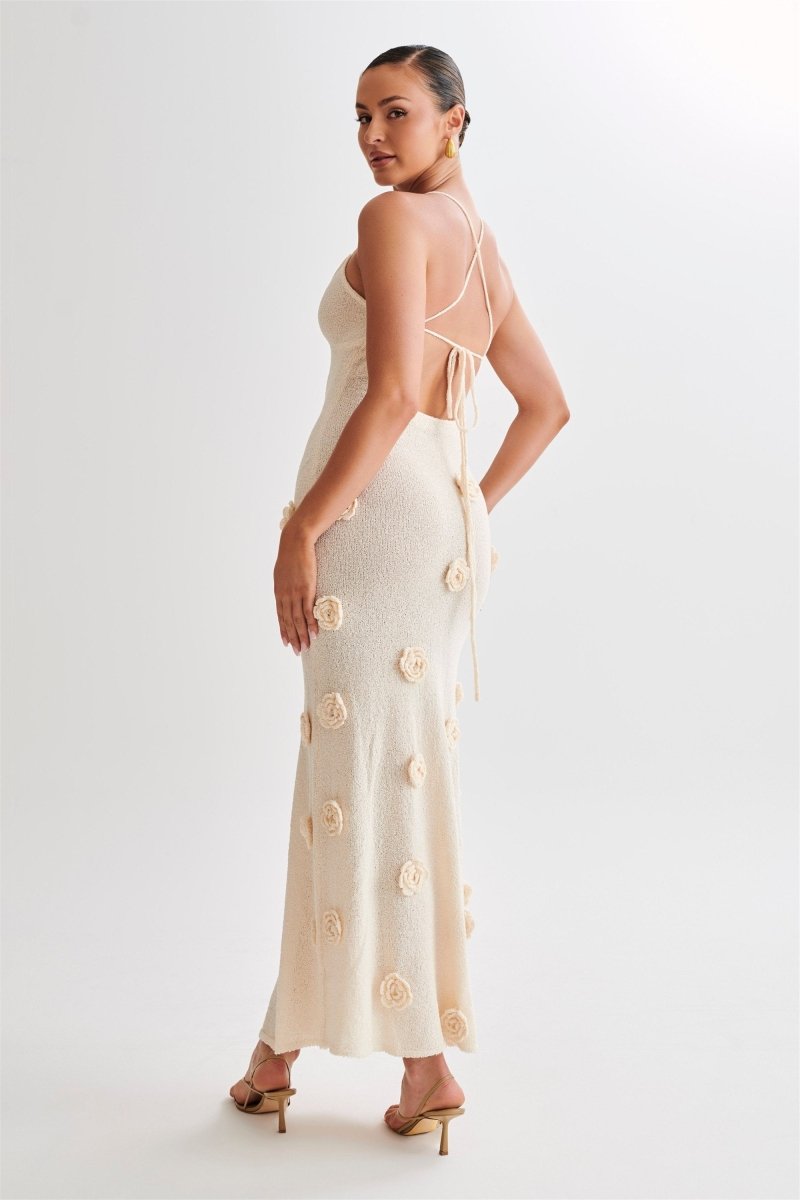 Crochet Maxi Dress With Flowers - Nude