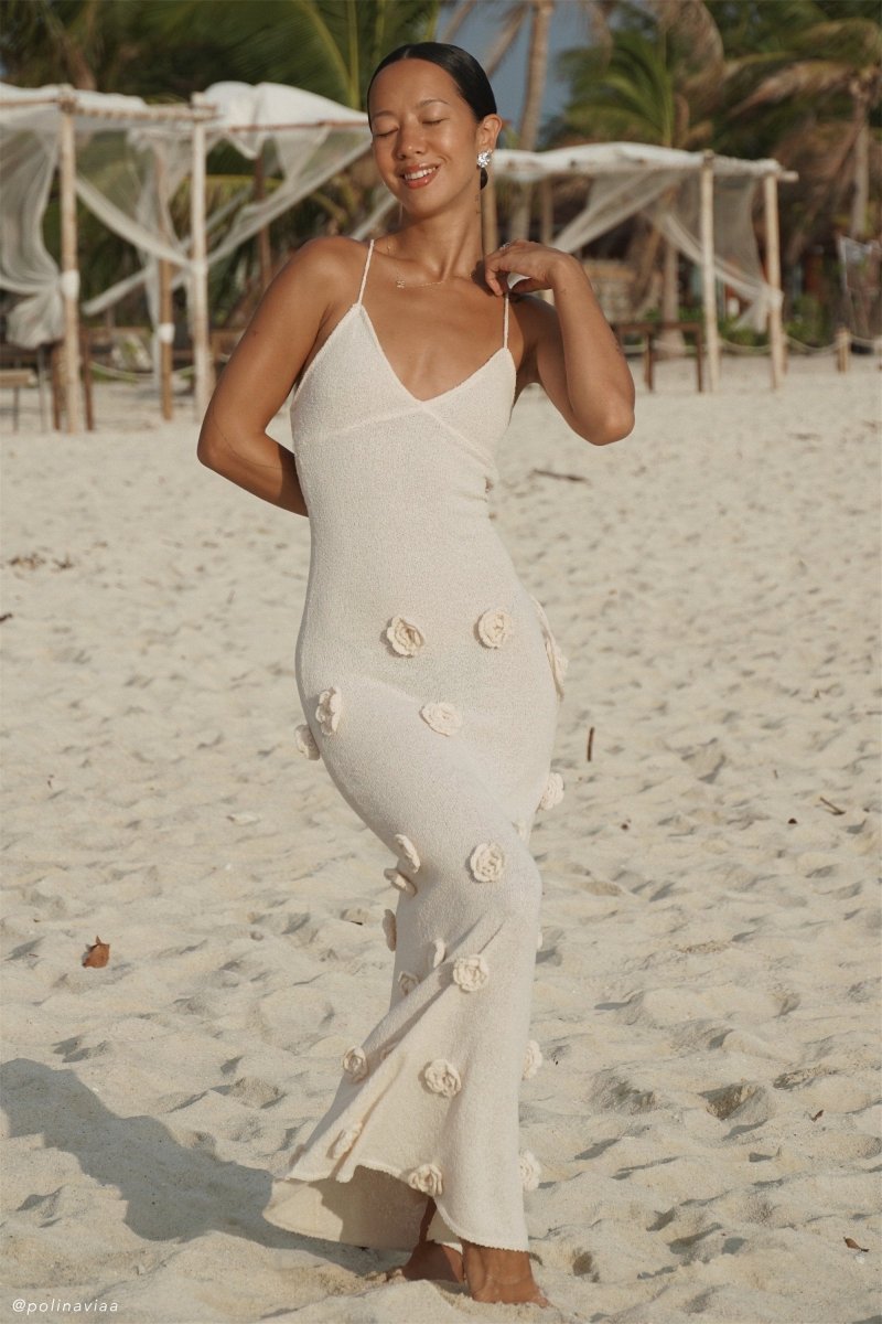 Crochet Maxi Dress With Flowers - Nude