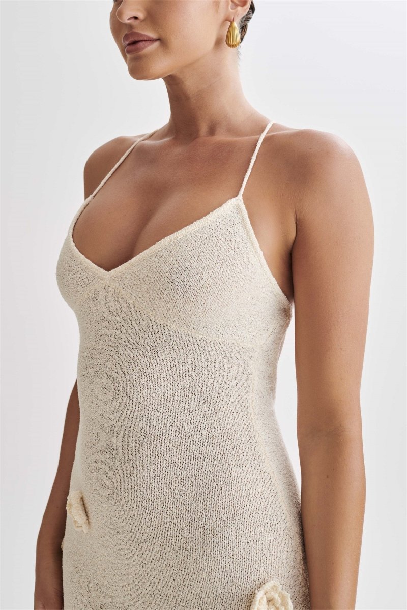 Crochet Maxi Dress With Flowers - Nude