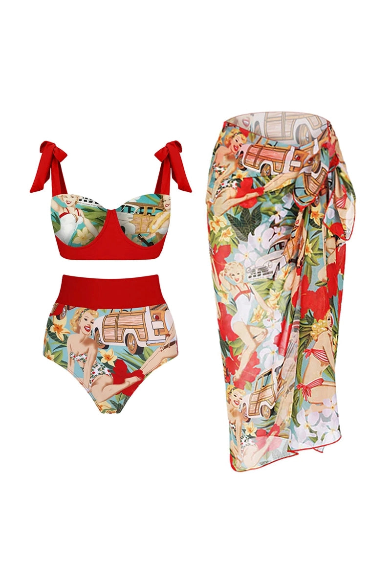 Striksluiting Hoge Taille Vintage Print Bikini Set