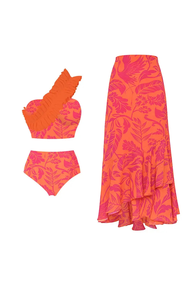 Een schouder gerimpelde print hoge taille bikini set