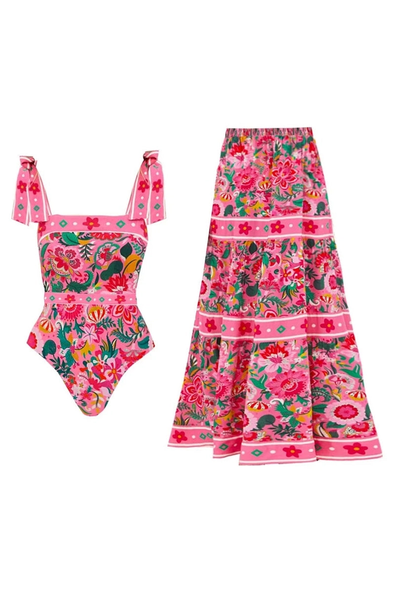 Floral Bowknot Tie One-Piece Swimsuit