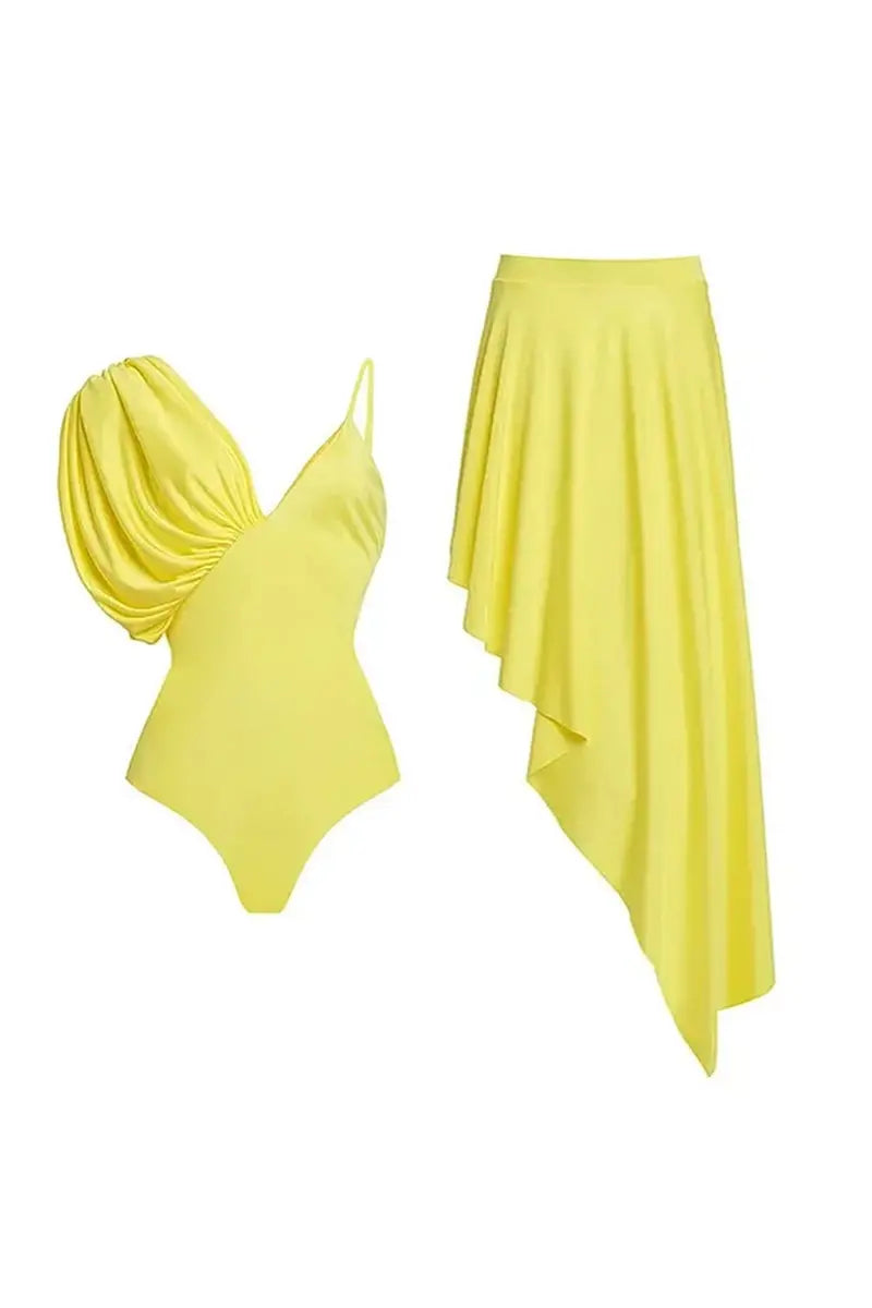 Elegante badpak met pofmouwen in effen kleur