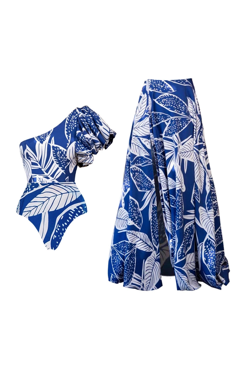 One-Shoulder Ruffle Floral Swimsuit Set