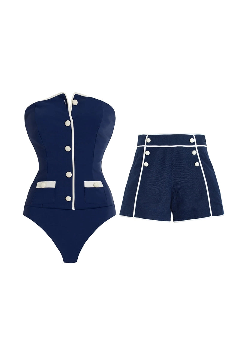 Navy Bandeau One Piece Shorts Set