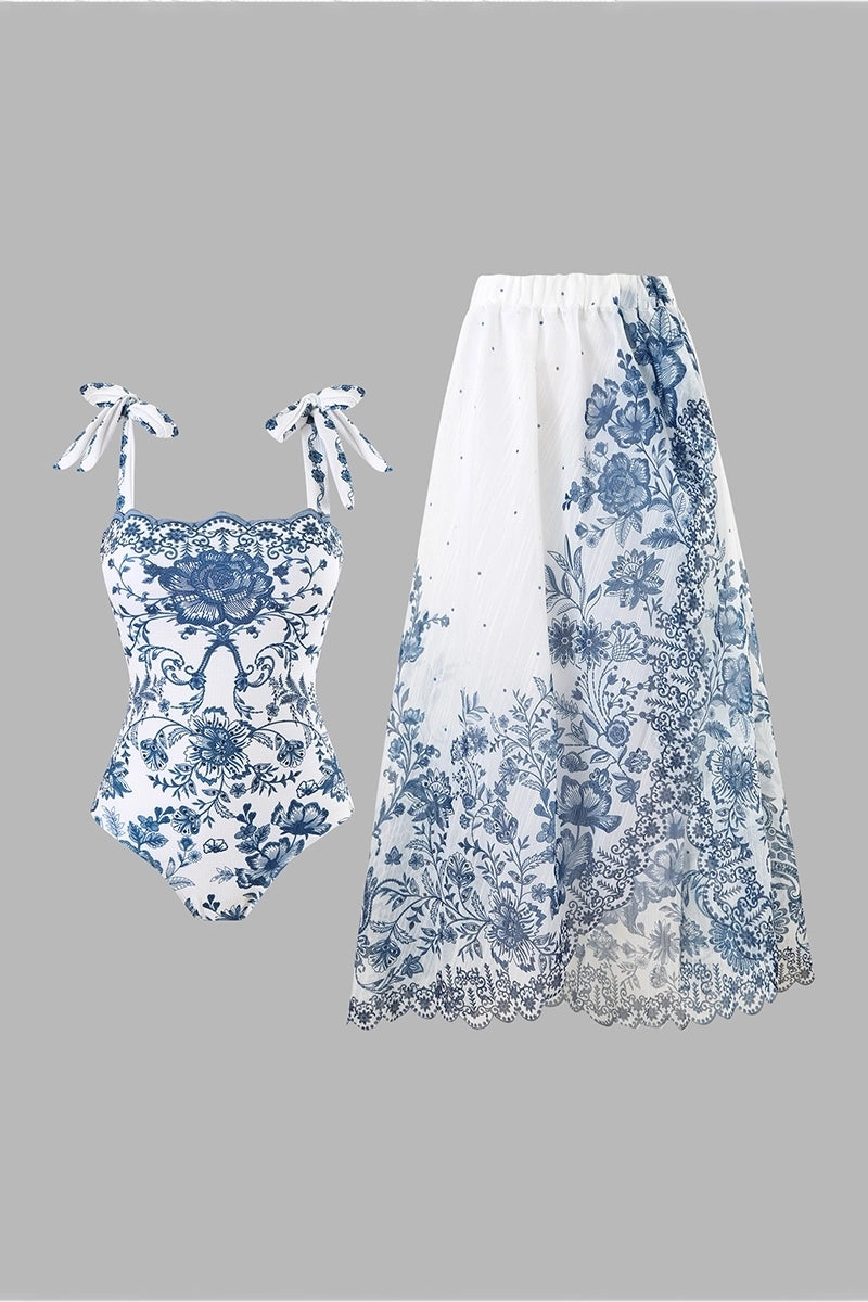 Floral Bow Tie One-Piece Swimsuit Set