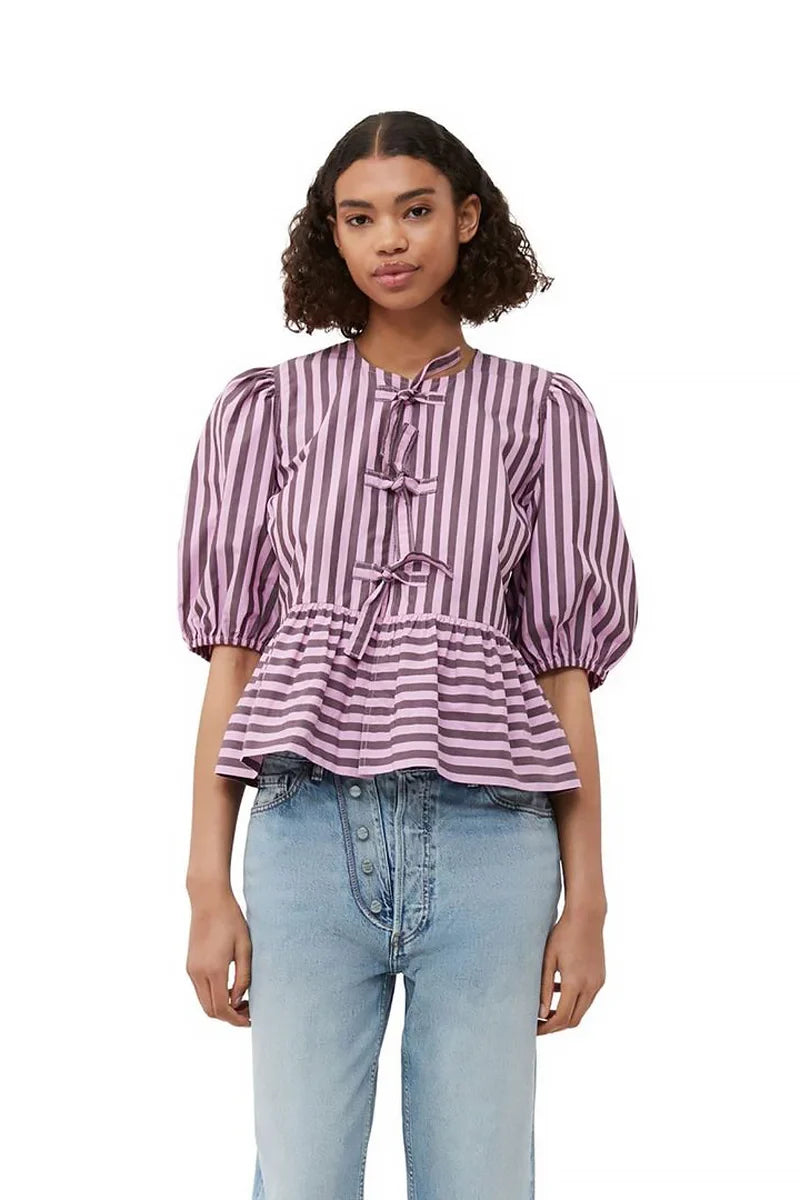 Strepen Puff Mouw Peplum Strik Blouse Kort Topje