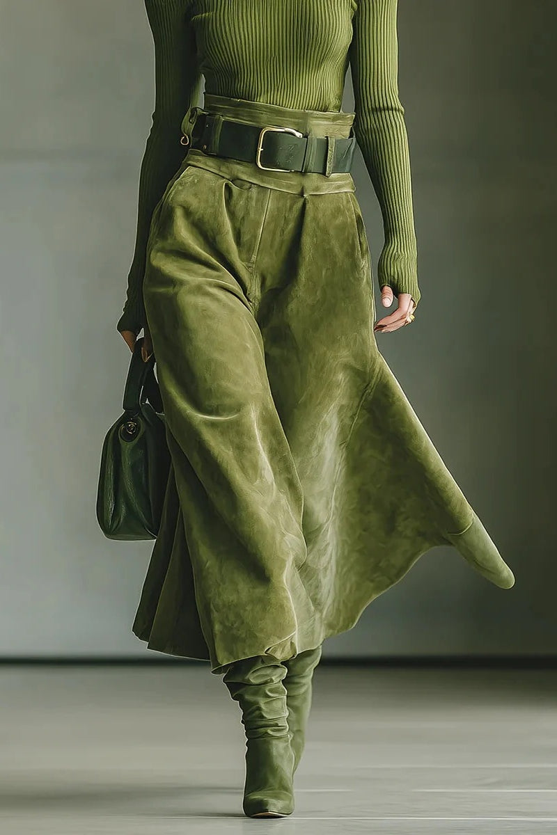 Olive green off-shoulder top and faux suede skirt set(Includes belt)