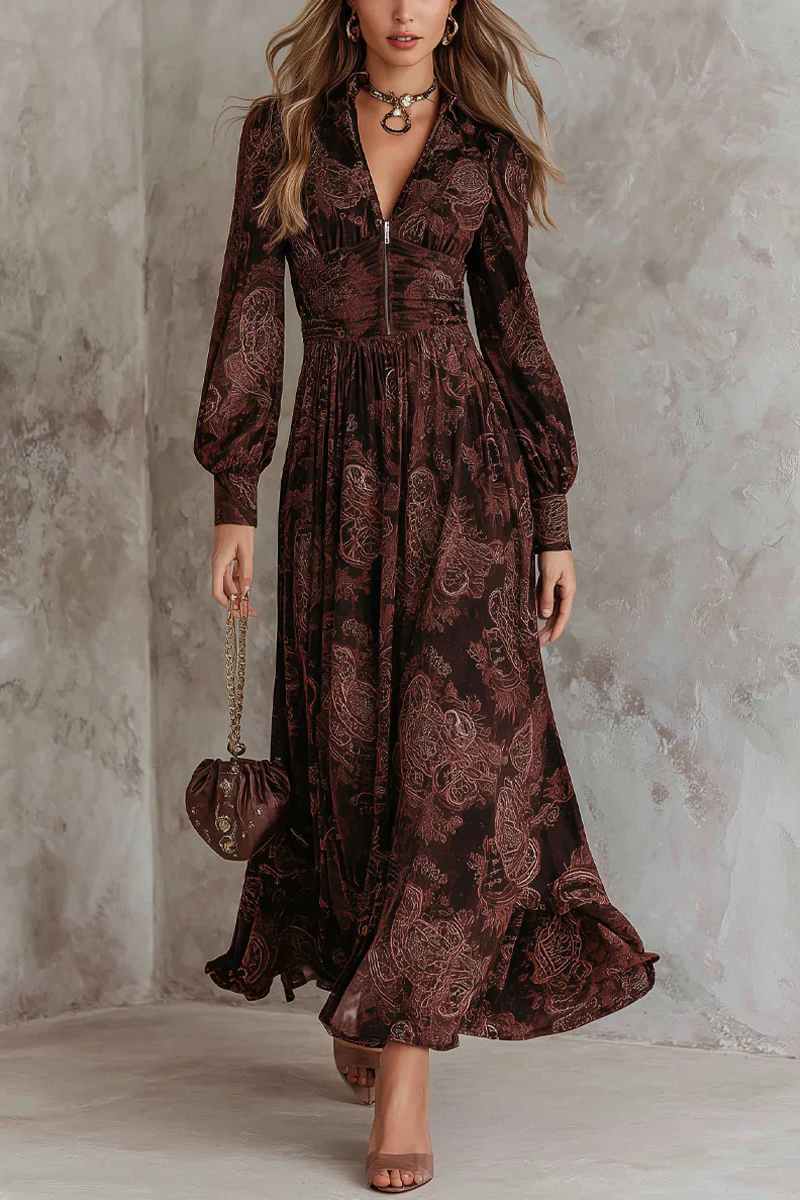 Brown Paisley Zippered Waist Maxi Dress