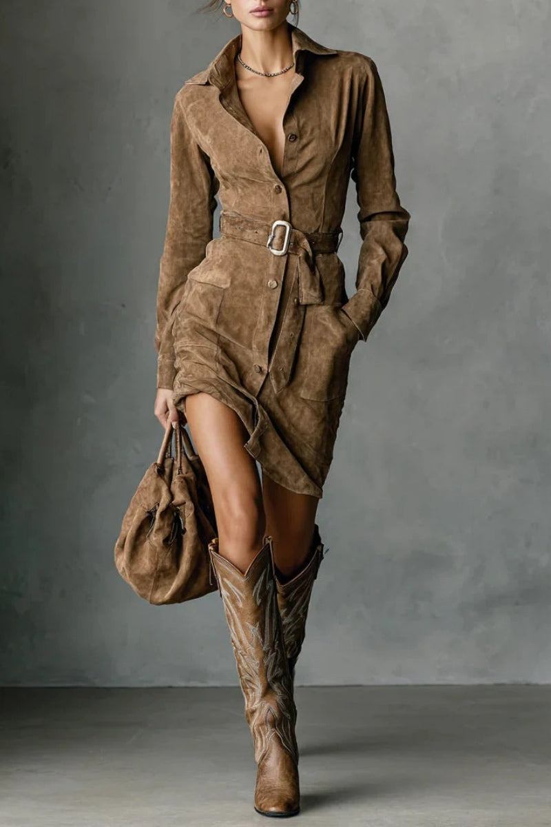 Suede Single Breasted Lapel Long Sleeve Midi Dress(Includes belt)