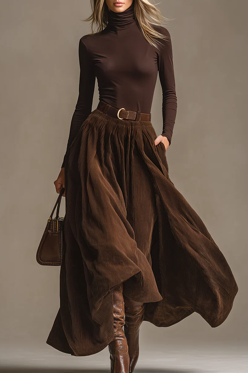 Dark Brown Turtleneck Top And Corduroy Skirt Set