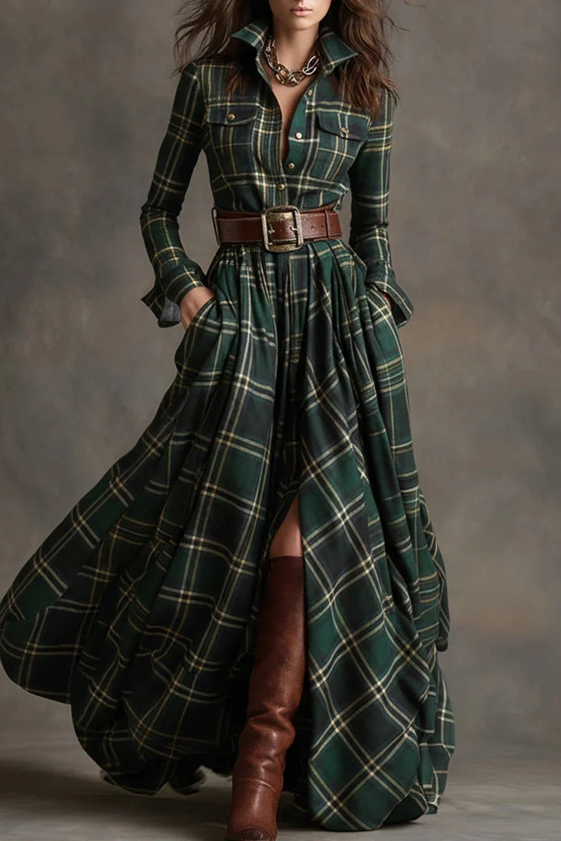 Retro Lapel Reddish Brown Plaid Maxi Dress