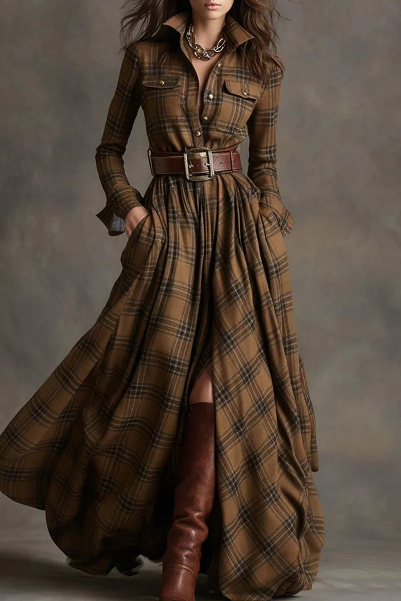 Retro Lapel Reddish Brown Plaid Maxi Dress
