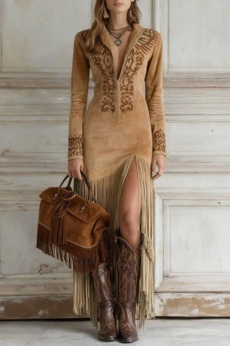Western Half-Zip Embroidered Faux Suede Fringe Maxi Dress