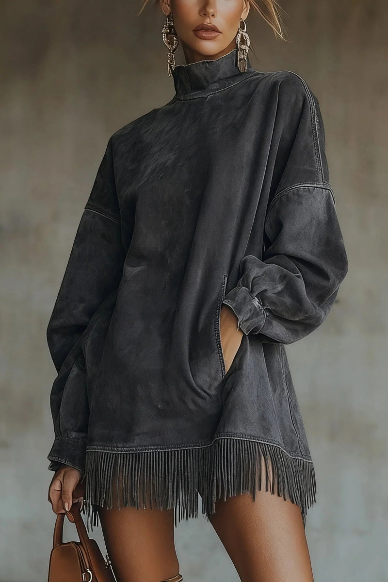 Faux Suede Turtleneck Dress With Fringe Hem