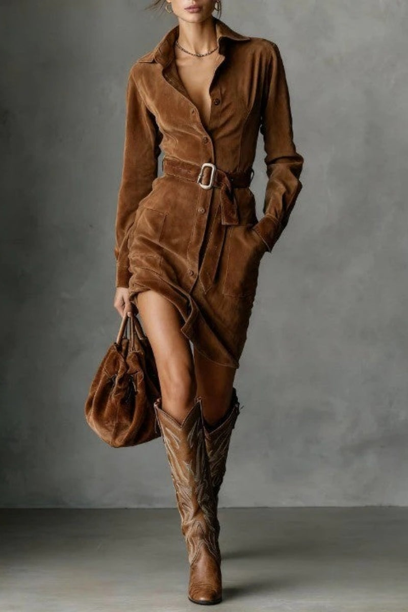 Suede Single Breasted Lapel Long Sleeve Midi Dress(Includes belt)