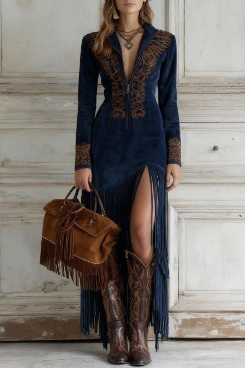 Western Half-Zip Embroidered Faux Suede Fringe Maxi Dress