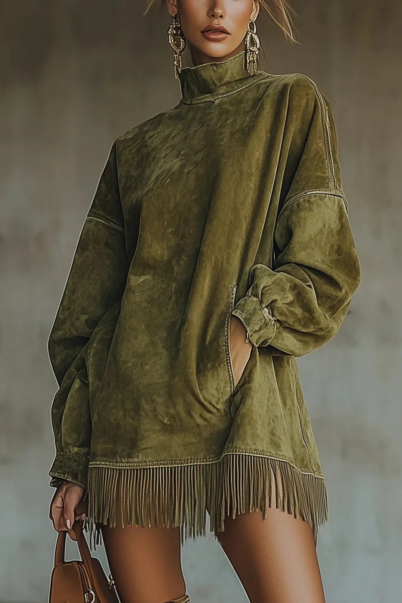 Faux Suede Turtleneck Dress With Fringe Hem