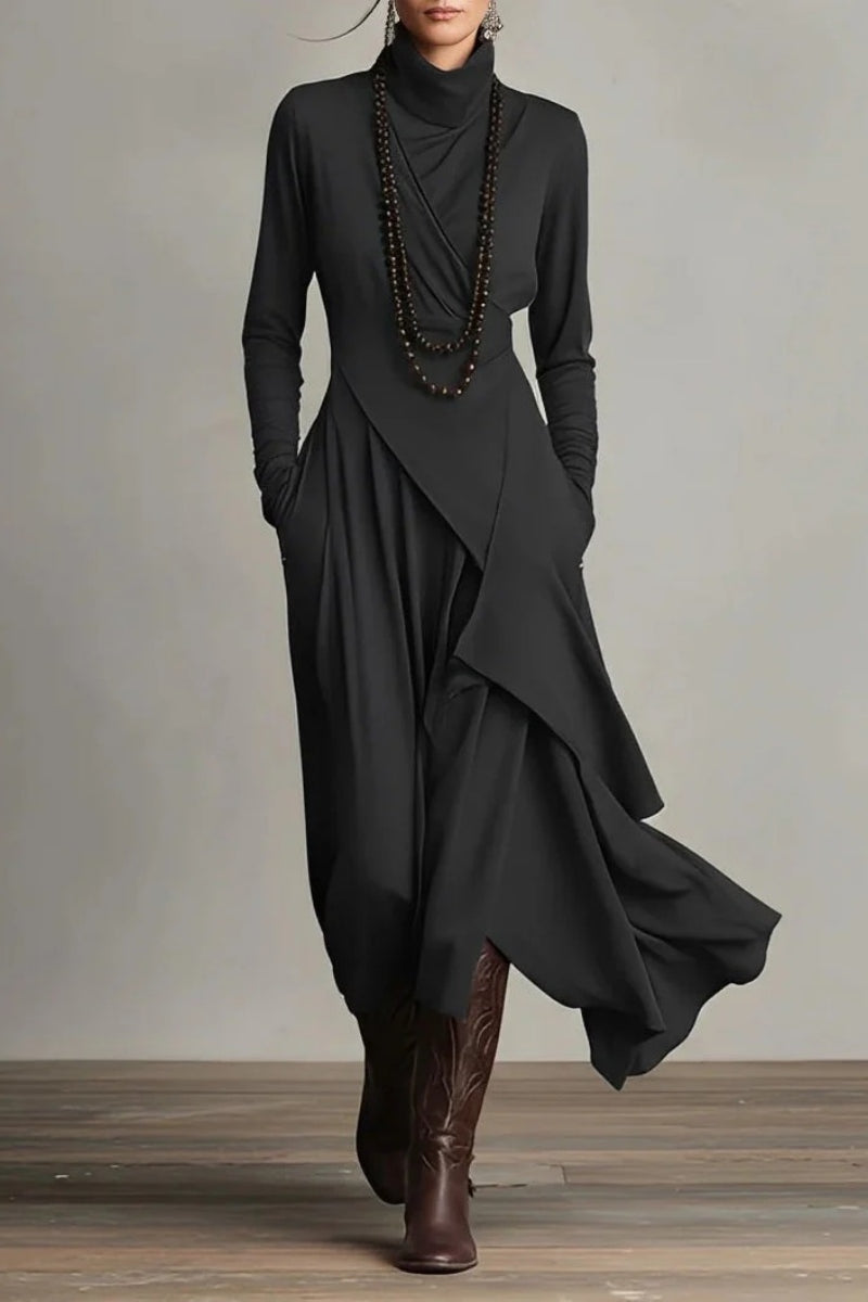 Purple High-neck Asymmetrical Pleated Maxi Dress