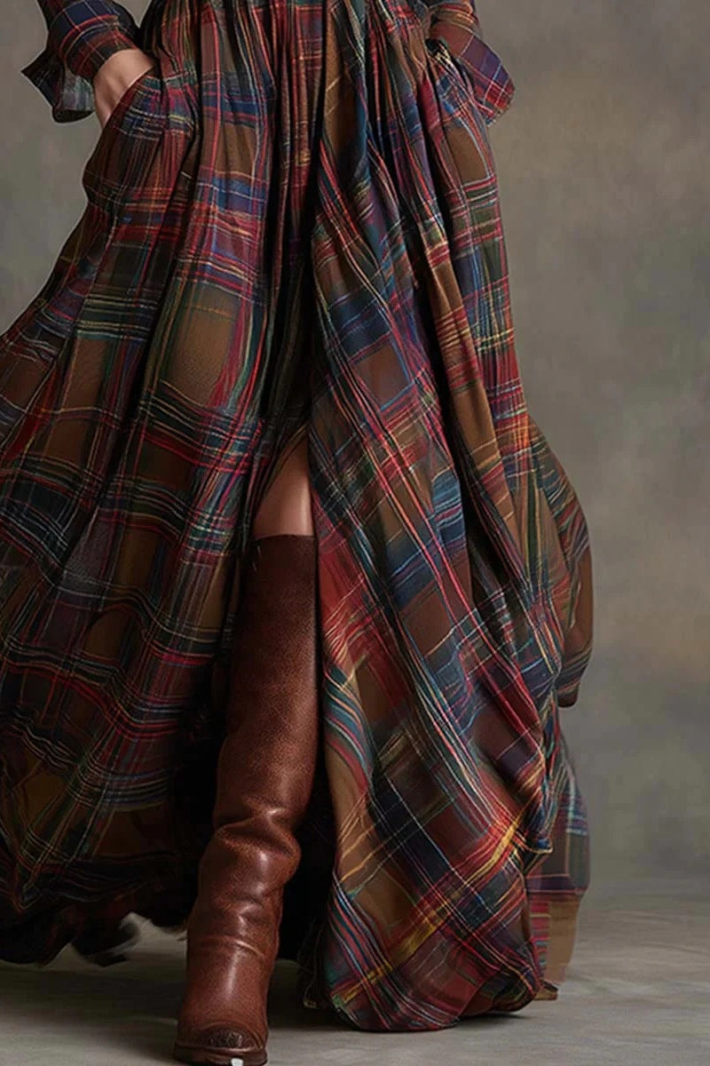 Retro Lapel Reddish Brown Plaid Maxi Dress