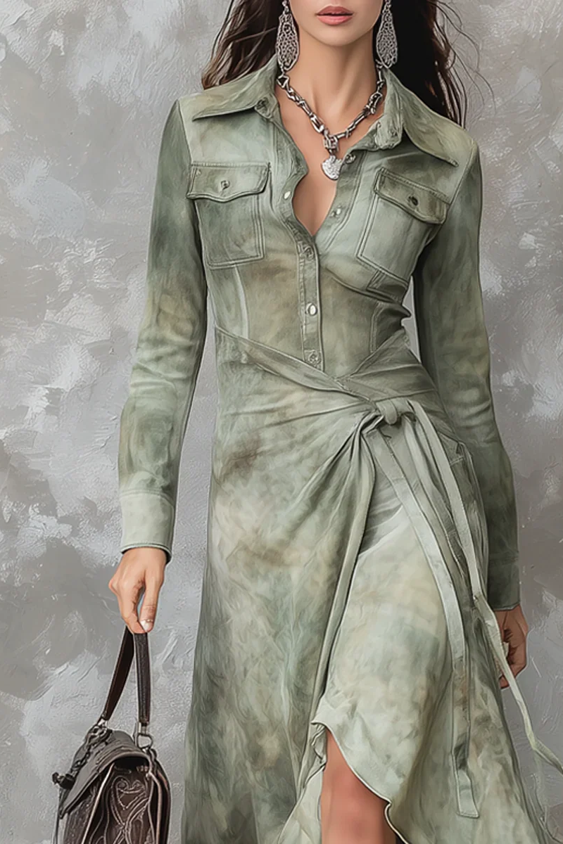 Vintage Sage Green Tie-Dye Pocket Slim Suede Maxi Dress