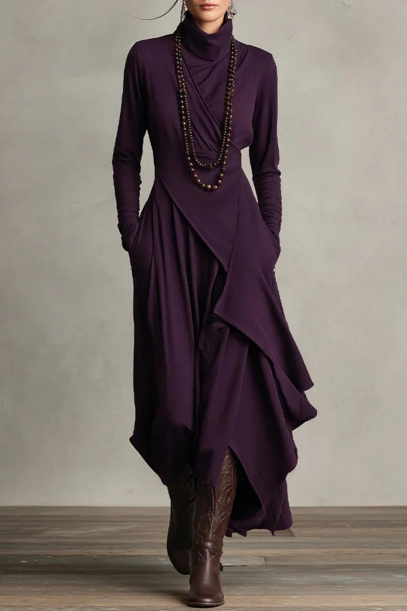 Purple High-neck Asymmetrical Pleated Maxi Dress