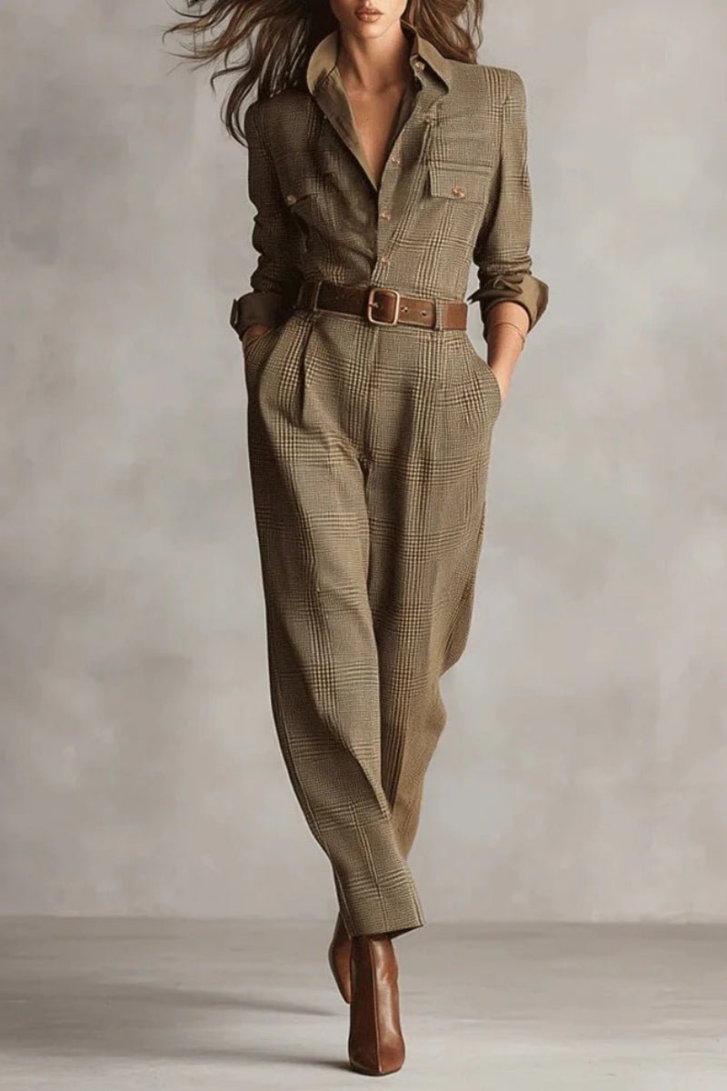 Brown Sophisticated Tweed Texture Plaid Utility Jumpsuit