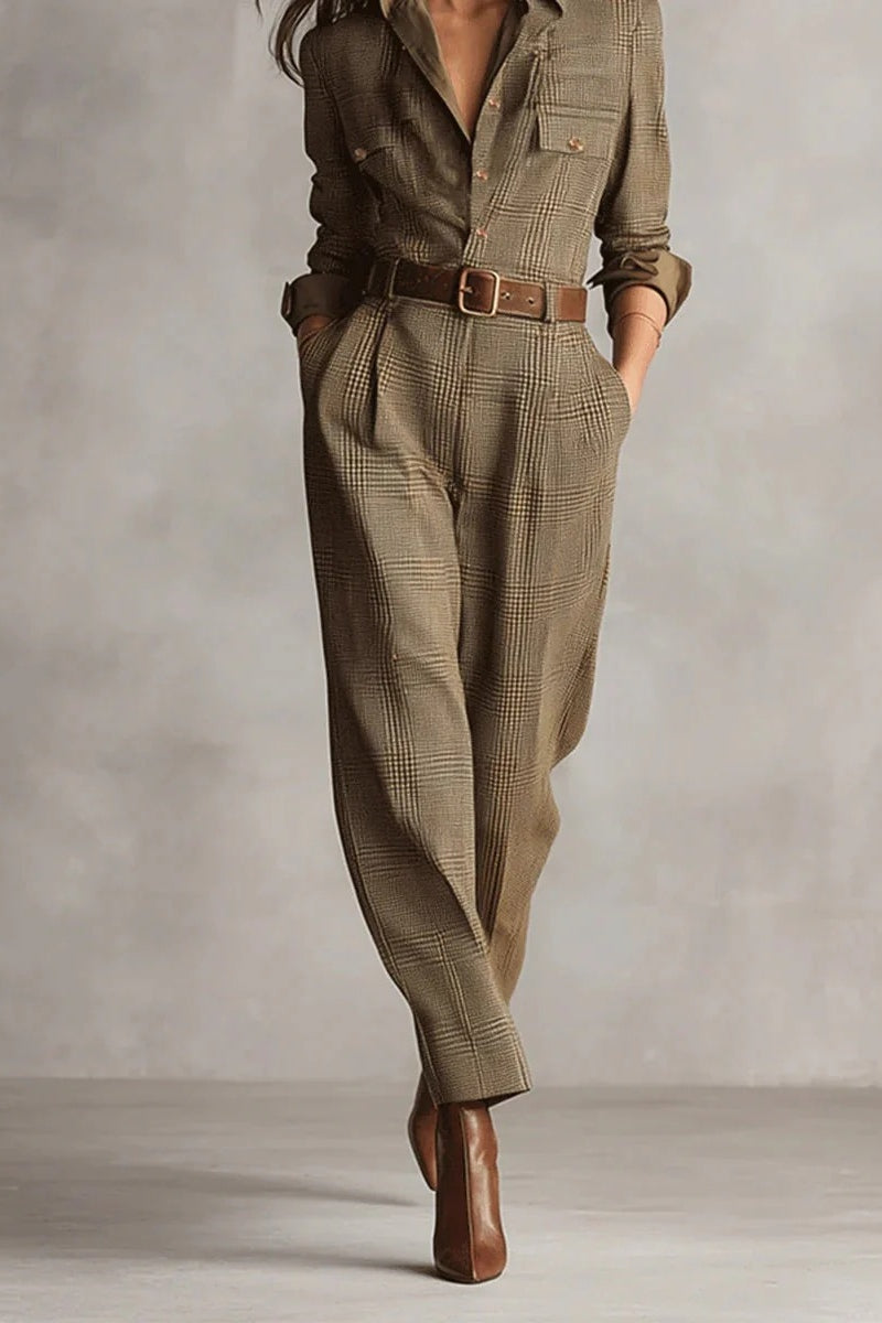 Brown Sophisticated Tweed Texture Plaid Utility Jumpsuit